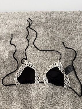 H&M Black Triangle Bikini Top with Cream Crochet Trim